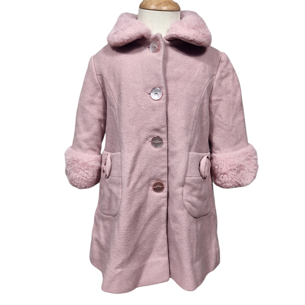 Rothschild Pink Faux Fur Trimmed Peacoat Girls Size 2T Wool Blend Princess Coat